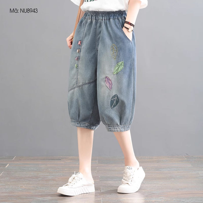 Quần baggy denim lửng lưng thun thêu những chiếc lá - NU8943