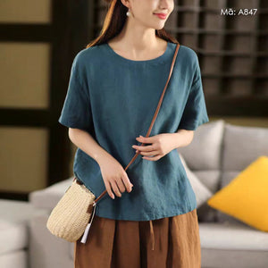 Áo T-shirt linen ngắn tay cổ tròn retro - A847