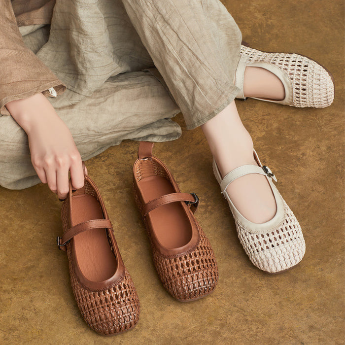 Giày da retro mũi tròn đế bệt đan quả trám - G093