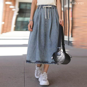 Chân váy denim lưng thun vạt may kiểu - V121