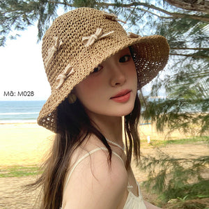 Mũ cói retro đính nơ - M028