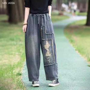 Quần baggy denim lưng thun dây rút ống rộng kiểu rách - Q026