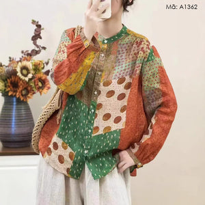 Áo sơ mi linen dài tay in trừu tượng - A1362