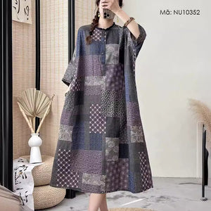 Đầm liền linen tay lửng cổ tròn hoa văn BOHO - NU10352