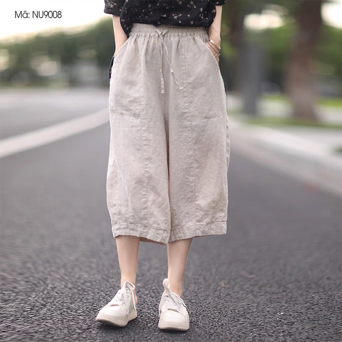 Quần baggy linen lửng lưng thun dây rút hai túi chéo - NU9008