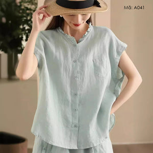 Áo sơ mi linen sát nách cổ tròn xếp ly một túi nhỏ - A041