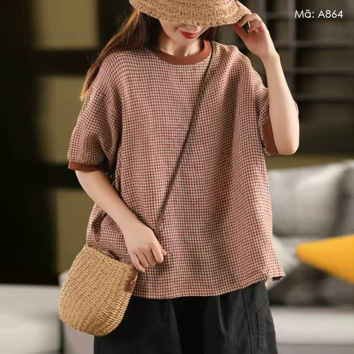 Áo T-shirt linen ngắn tay cổ tròn kẻ caro - A864