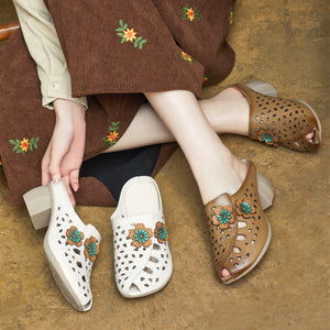 Dép da retro đính hoa cao gót - G135