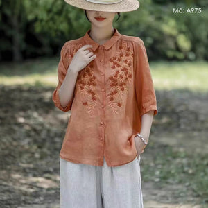 Áo sơ mi linen ngắn tay cổ pipi thêu hoa trước ngực - A975