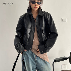 Áo khoác da jacket dài tay cổ đức hai túi - A369