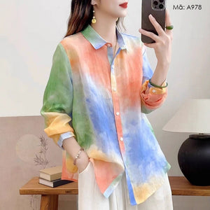Áo sơ mi linen dài tay cổ đức sắc cầu vồng - A978