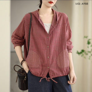 Áo sơ mi dài tay caro có mũ - A988