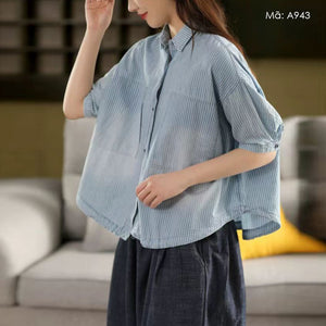 Áo sơ mi ngắn tay cổ đức kẻ sọc kiểu túi lớn - A943