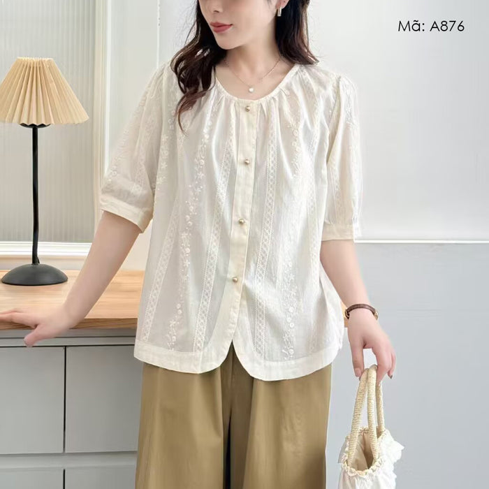 Áo sơ mi linen ngắn tay cổ tròn thêu hoa liti - A876