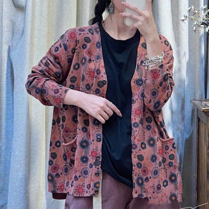 Áo len cardigan dài tay cổ V in hoa văn trừu tượng - A505