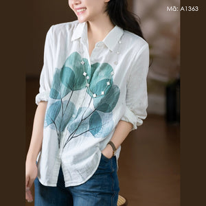 Áo sơ mi linen dài tay in lá - A1363