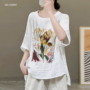 Áo T-shirt linen ngắn tay cánh dơi in hoa trừu tượng - NU8947