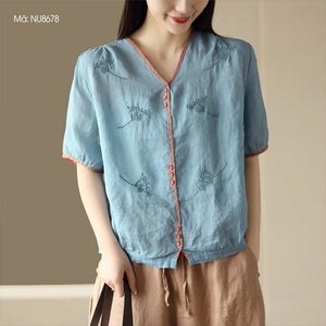 Áo sơ mi linen ngắn tay cổ V bo viền thêu hoa litit - NU8678