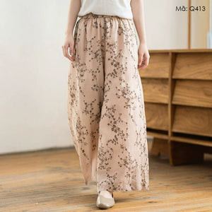 Quần baggy linen ống rộng in hoa liti - Q413