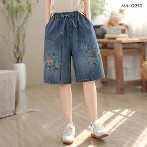 Quần sooc denim dây rút thêu hoa - Q390