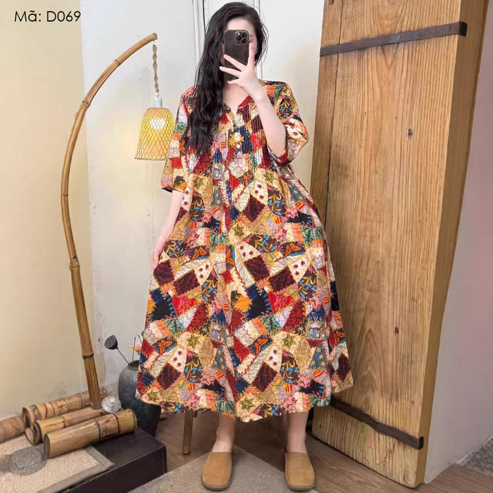 Đầm liền ngắn tay cổ trái tim in hoa văn retro - D069