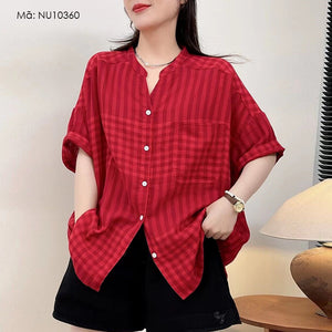 Áo sơ mi linen ngắn tay cổ tròn xẻ kẻ sọc caro một túi - NU10360