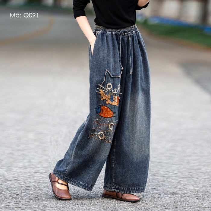 Quần baggy denim lưng thun thêu chú mèo và cá - Q091