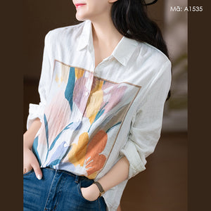 Áo sơ mi linen dài tay in retro - A1535