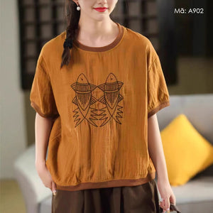 Áo T-shirt linen ngắn tay cổ tròn thêu cá trừu tượng - A902