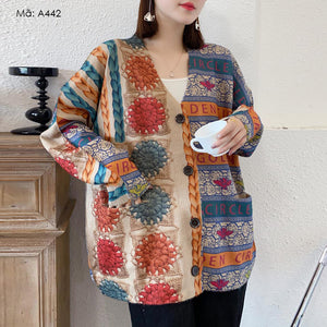 Áo khoác len cashmere dài tay cổ V in hoa văn đỗi xứng - A442