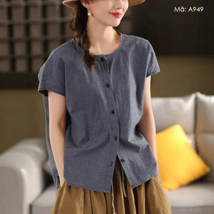 Áo sơ mi linen sát nách cổ tròn kiểu caro - A949