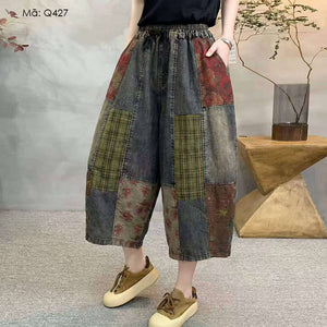 Quần baggy denim lửng phối mảng màu - Q427