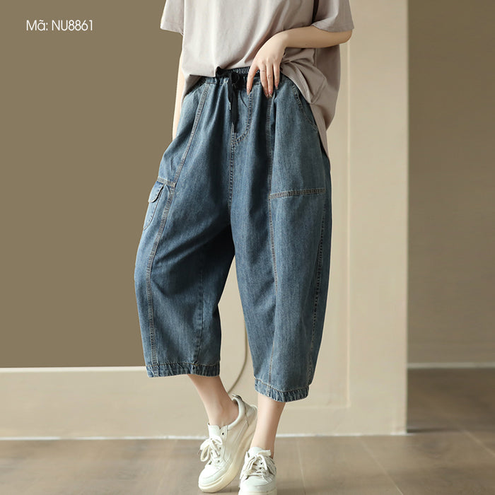 Quần baggy denim lưng thun ống rộng túi có nắp - NU8861