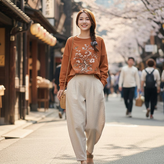 Áo T-shirt dài tay cổ tròn thê hoa mùa xuân - A232