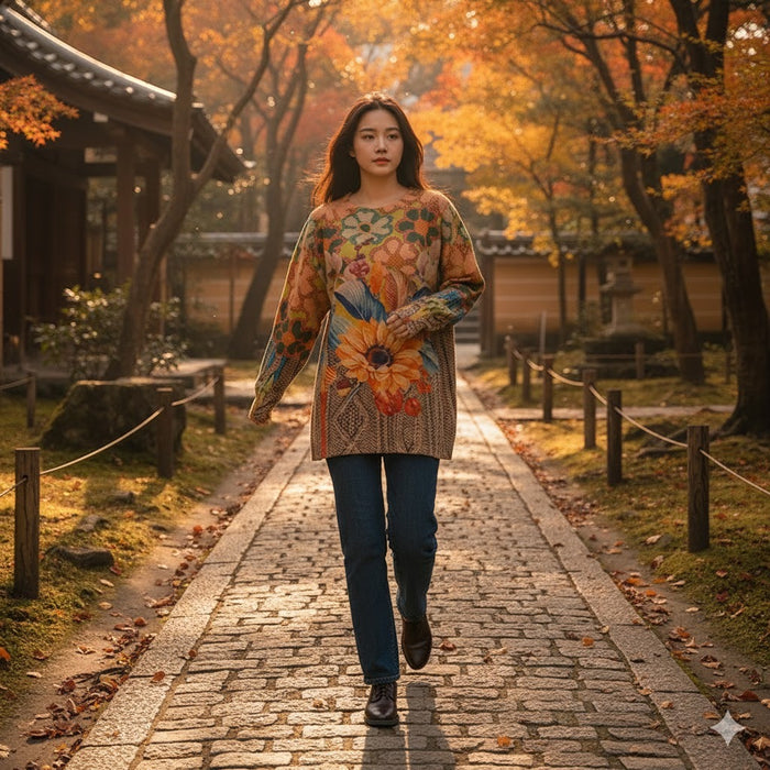 Áo len dài tay cổ tròn in hoa lá bện thừng - A526