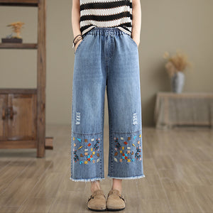 Quần baggy denim lửng lưng thun thêu hoa văn retro - Q012