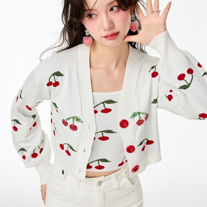 Áo khoác len croptop dài tay thêu quả cherry - NU9462