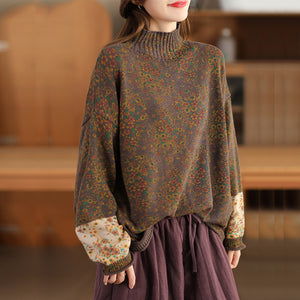 Áo len đan dài tay phối lệch màu cổ lọ in hoa liti - NU9668