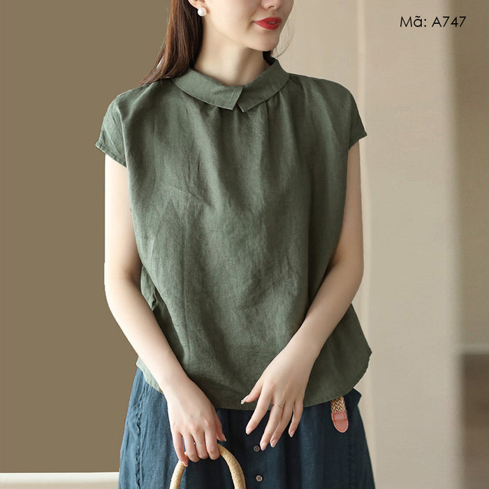Áo sơ mi linen sát nách cổ pipi khuy cài sau - A746