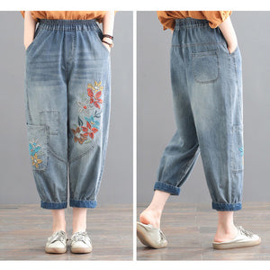 Quần baggy denim lưng thun thêu hoa lá hai túi kiểu - NU8877