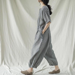 Áo liền quần baggy linen ngắn tay kẻ caro - NU8672