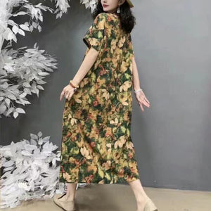 Đầm liền linen ngắn tay cổ tròn in retro hoa lá retro - NU10497