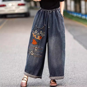 Quần baggy denim lưng thun thêu chú mèo và cá - Q091