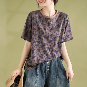 Áo T-shirt dệt kim ngắn tay cổ tròn in hoa lá - NU9852