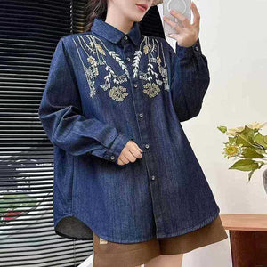 Áo sơ mi denim dài tay cổ đức thêu hoa lá đối xứng - A649