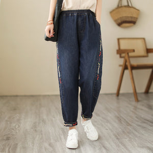 Quần baggy denim lưng thun ống côn thêu những dây hoa - NU10350