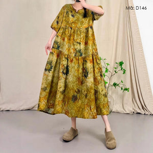 Đầm liền linen ngắn tay cổ tròn - D145