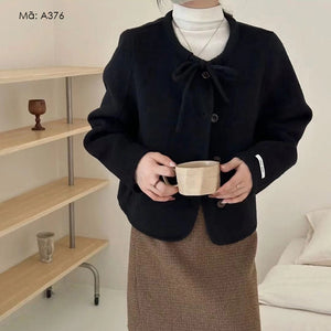 Áo khoác len cashmere dài tay cổ tròn thắt dây - A375