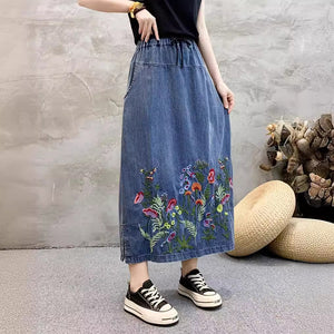 Chân váy denim lưng thun dây rút thêu hoa lá sắc màu - NU10492