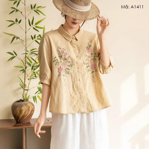 Áo sơ mi linen ngắn tay cổ đức thêu hoa - A1388